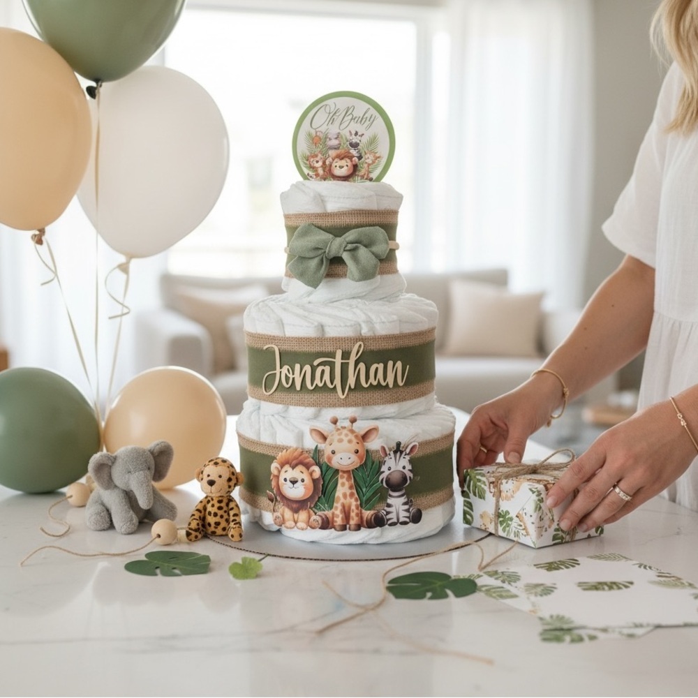 🦁 Personalized Safari Diaper Cake - 3 Tier | Baby Shower Centerpiece 🎁